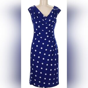 LAUREN Ralph Lauren Indigo Blue Polka Dot Draped Cowl Neck Dress Size 16